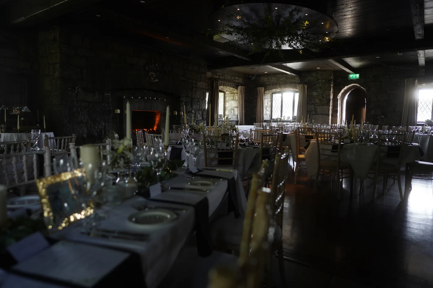 The banquet room at Cloughan Castle set for a wedding meal